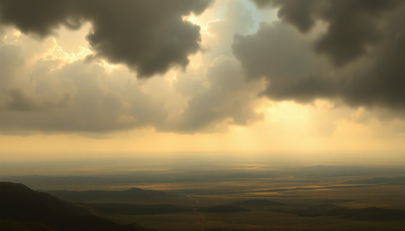 A vast, majestic landscape painting in muted tones of gray, blue, and green, depicting a sweeping, hazy horizon under a dramatic, turbulent sky. The scene conveys a sense of the overwhelming, sublime scale of the natural world, with any physical structures or objects dwarfed by the atmospheric conditions.