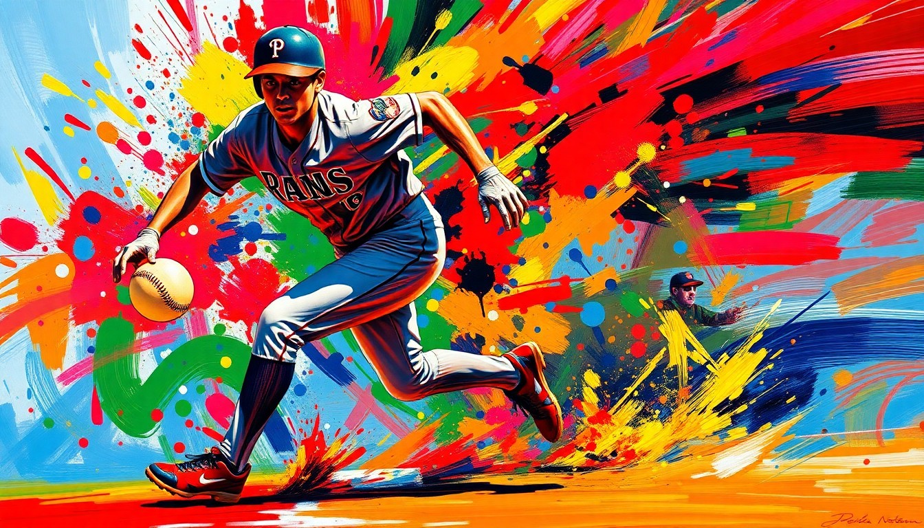 An extreme close-up of a baseball player rounding the bases, with the ball and player's form dissolving into vibrant, expressionist brushstrokes of neon colors, capturing the raw energy and excitement of the play.