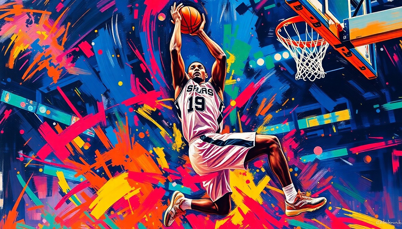 An abstract, energetic painting using vibrant neon colors and expressive brushstrokes to depict the powerful movements and athleticism of an NBA basketball player in mid-jump, conceptually representing the standout performance of Victor Wembanyama for the San Antonio Spurs.