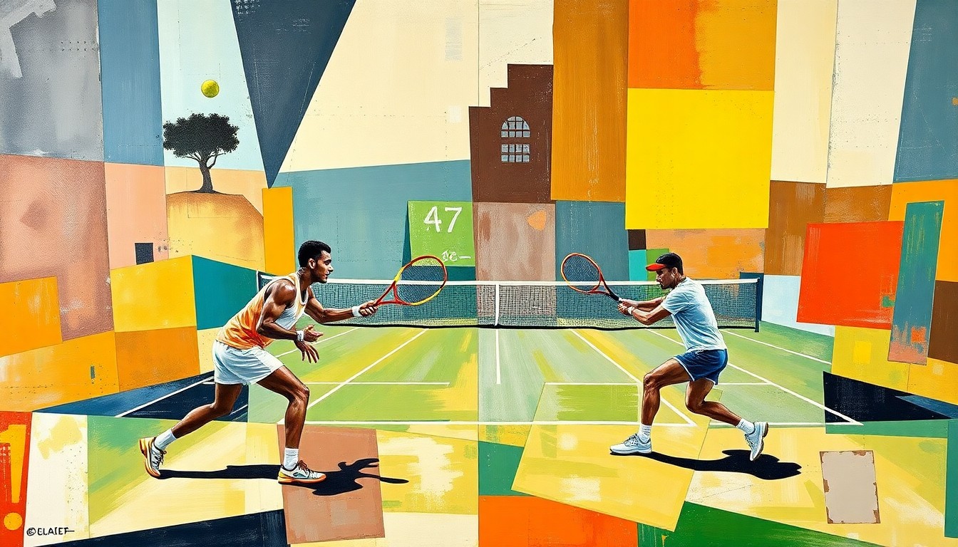 A fragmented, geometric painting depicting the dynamic movement and energy of a tennis match, with the players' forms broken down into sharp, intersecting planes of color.