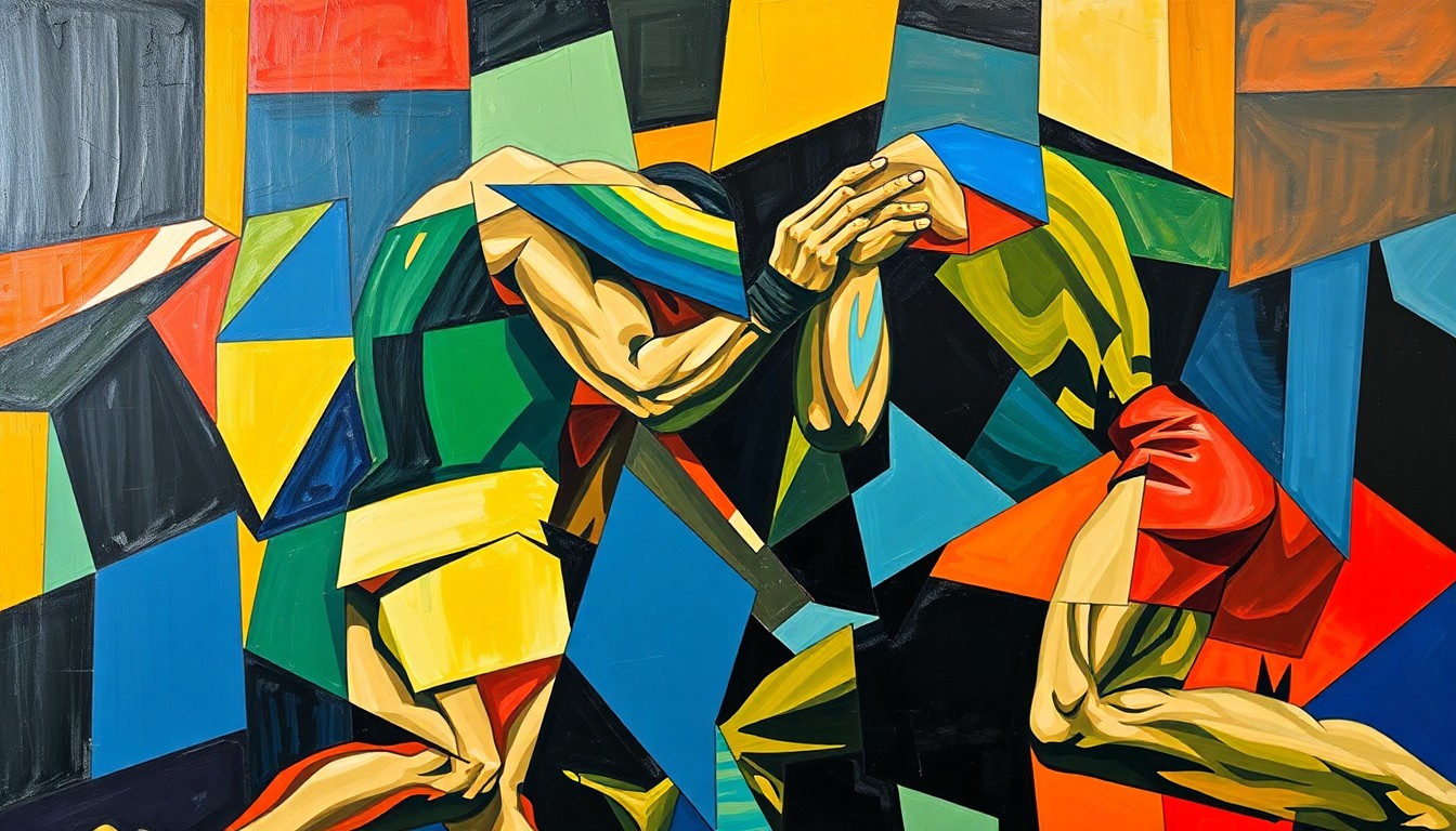 A cubist, geometric painting depicting the intense physicality of a wrestling match, with wrestlers' bodies fragmented into sharp, overlapping planes of vibrant blues, greens, and reds.