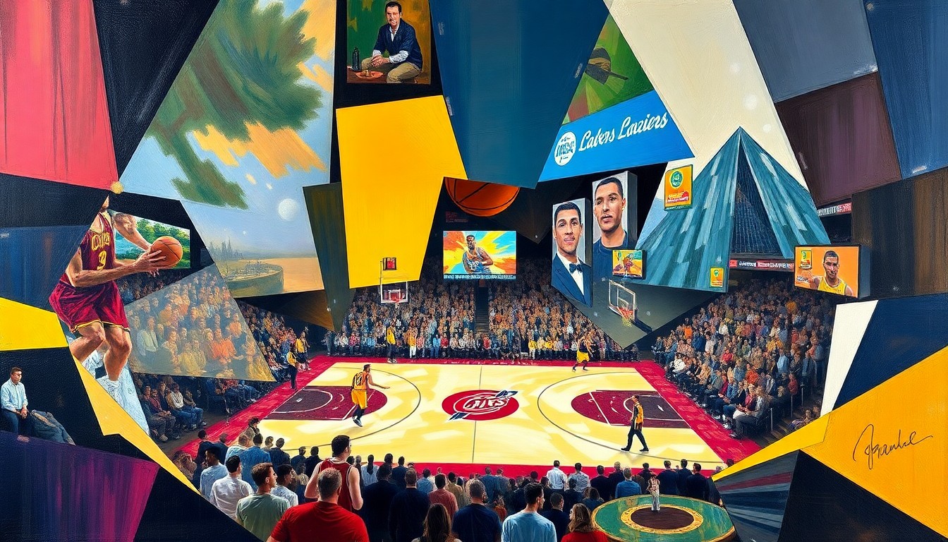 A fragmented, multi-angled painting depicting a basketball game, with the players and court broken down into sharp, overlapping geometric shapes and planes in a cubist style.