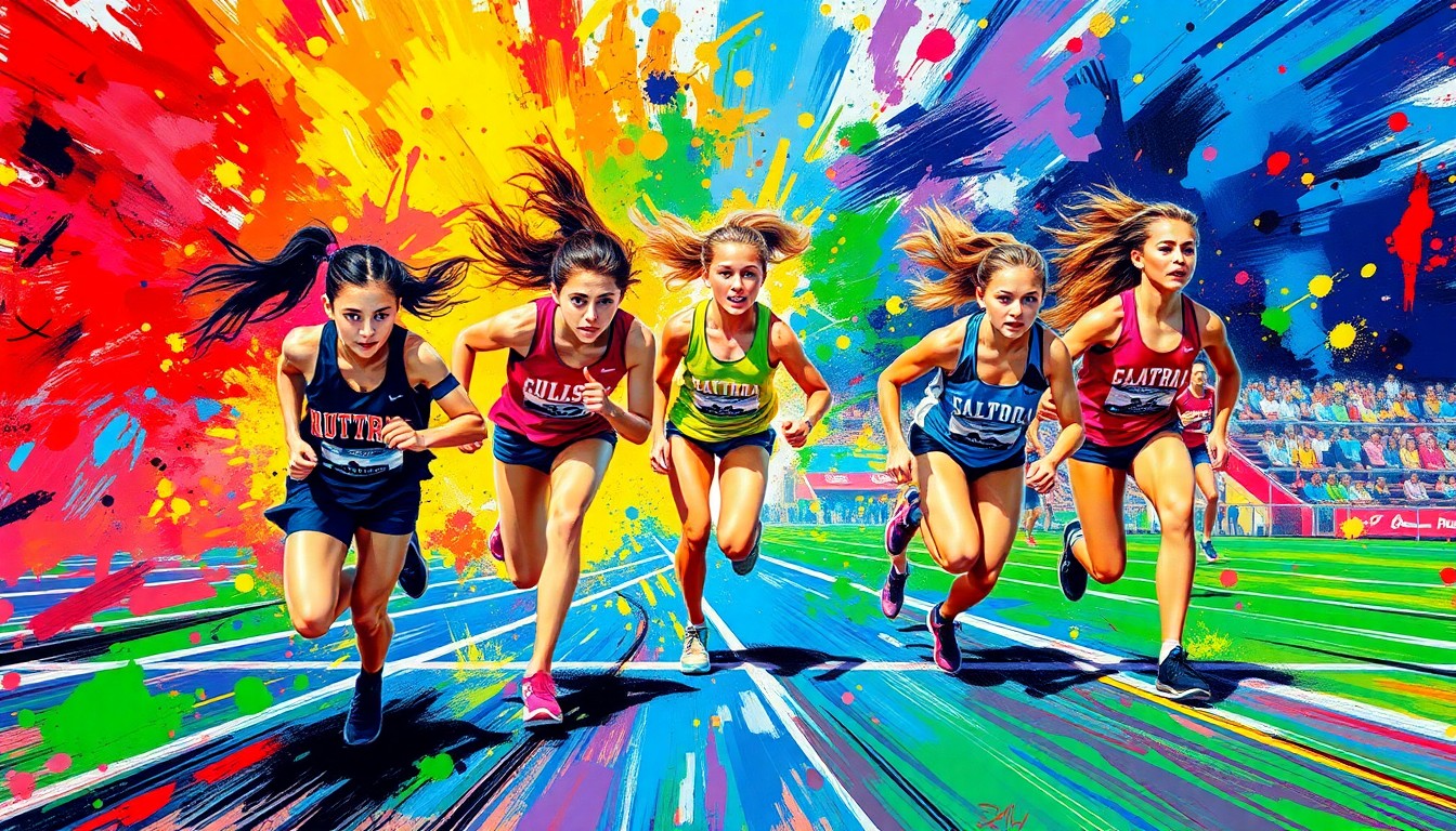 An abstract, expressionist painting in vibrant neon colors depicting the dynamic motion and energy of a high school girls track and field competition.