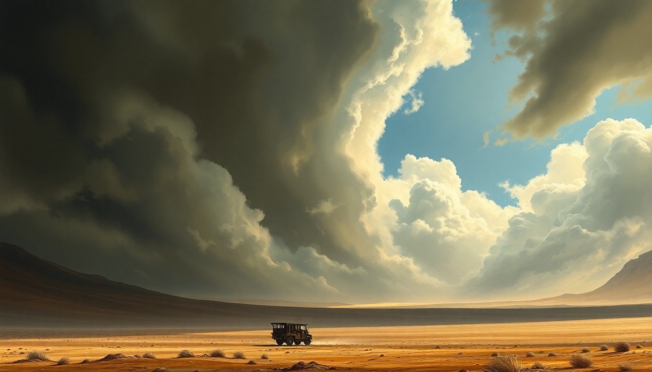 A vast, atmospheric landscape painting in muted tones of gray, blue, and ochre, with a small, indistinct structure barely visible in the distance, dwarfed by the sweeping, turbulent sky above. The scene conveys a sense of the overwhelming power and scale of the natural world in the face of extreme weather conditions.