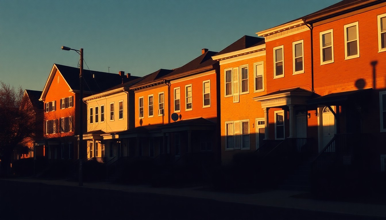 A serene, photorealistic painting of a row of historic townhouses in Wilmington, Delaware, with warm sunlight casting long shadows across the facades and creating a contemplative, nostalgic mood.