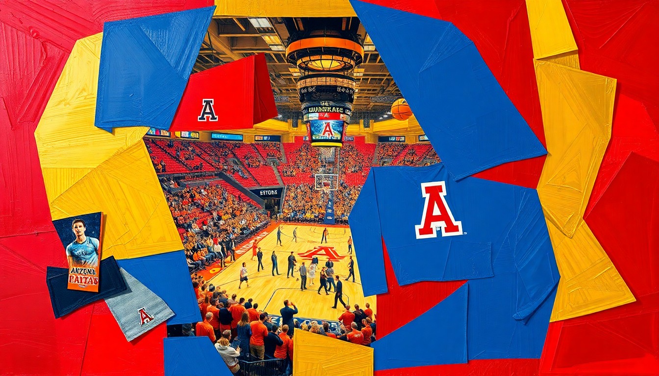 A fragmented, geometric painting in the colors of the University of Arizona, depicting a basketball game or merchandise display broken down into sharp, overlapping planes, conveying the concept of high demand and the fight against counterfeit products.