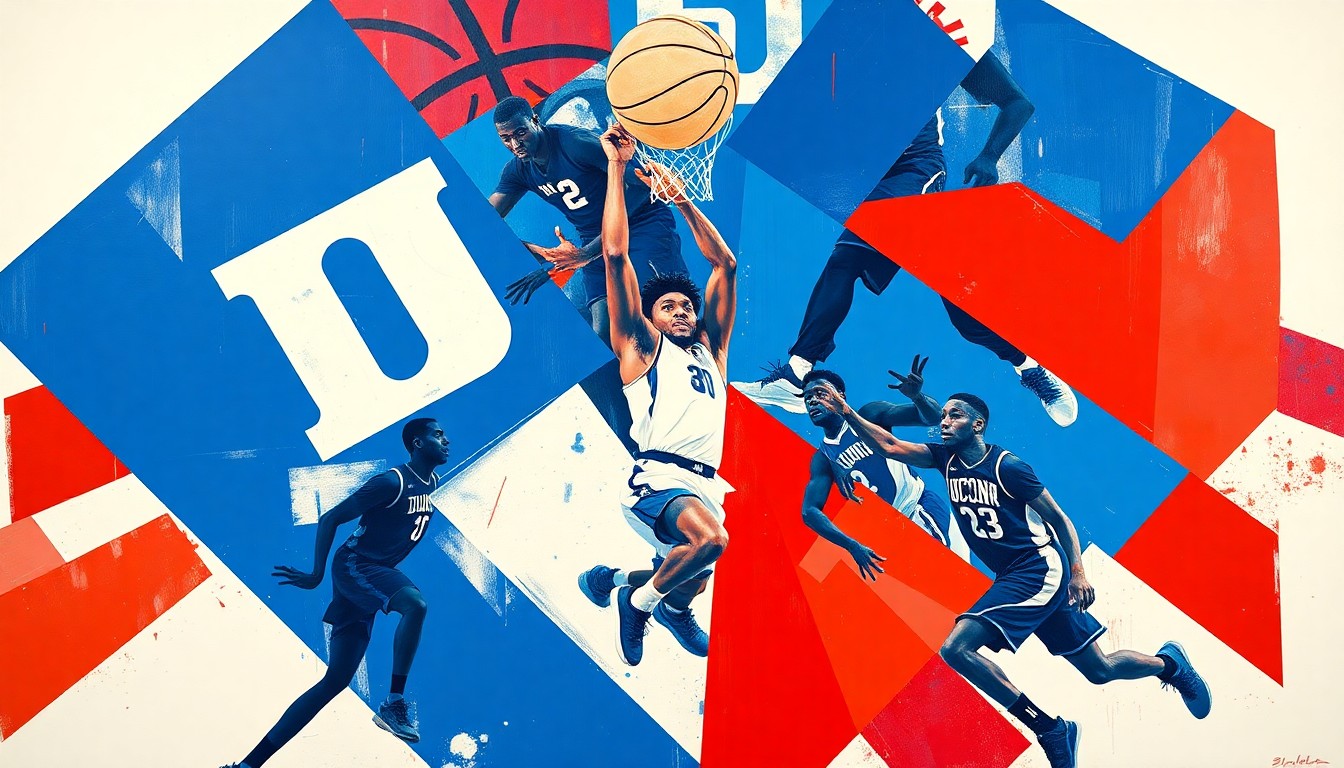 A cubist, geometric painting depicting the intense action and drama of the Duke-UConn basketball game, with sharp, overlapping planes of vibrant blue, red, and white colors.