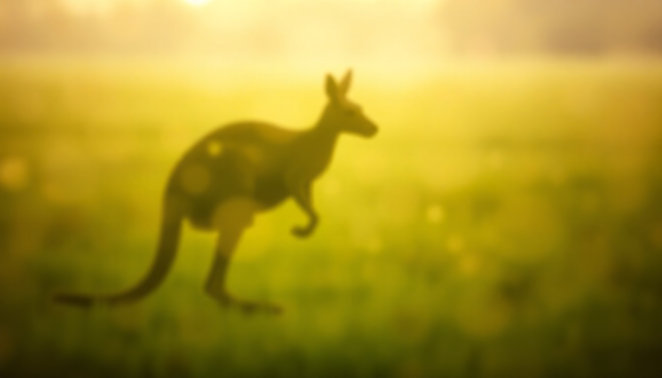 An extremely abstract, out-of-focus photograph depicting a hazy, dreamlike silhouette of a kangaroo in a green field, with warm pools of soft light and color.
