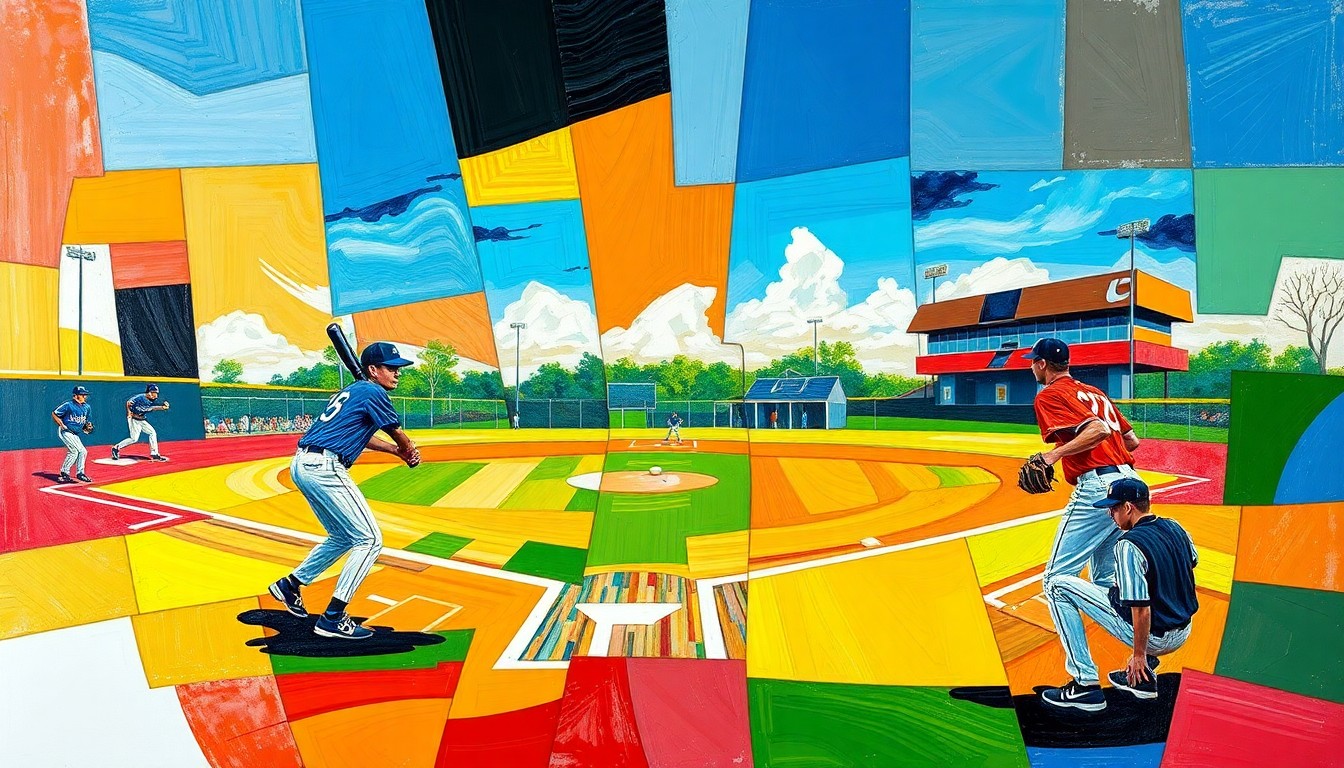 A fractured, cubist-style painting depicting the dynamic action of a high school baseball or softball game, with sharp geometric shapes and planes of bright, team-colored hues.