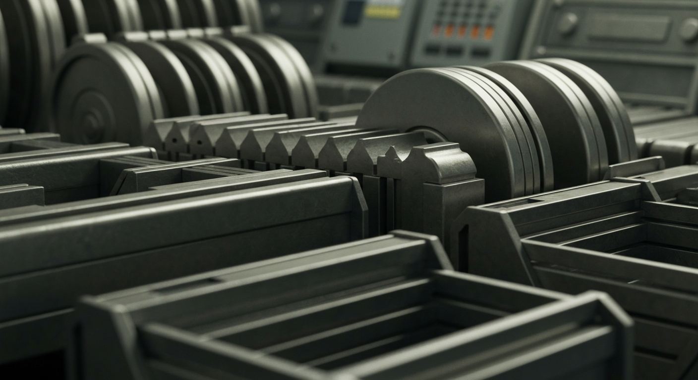 A highly detailed, cinematic close-up image of heavy, industrial banking and financial equipment, conveying the complex institutional forces and infrastructure underlying the biopharmaceutical sector.