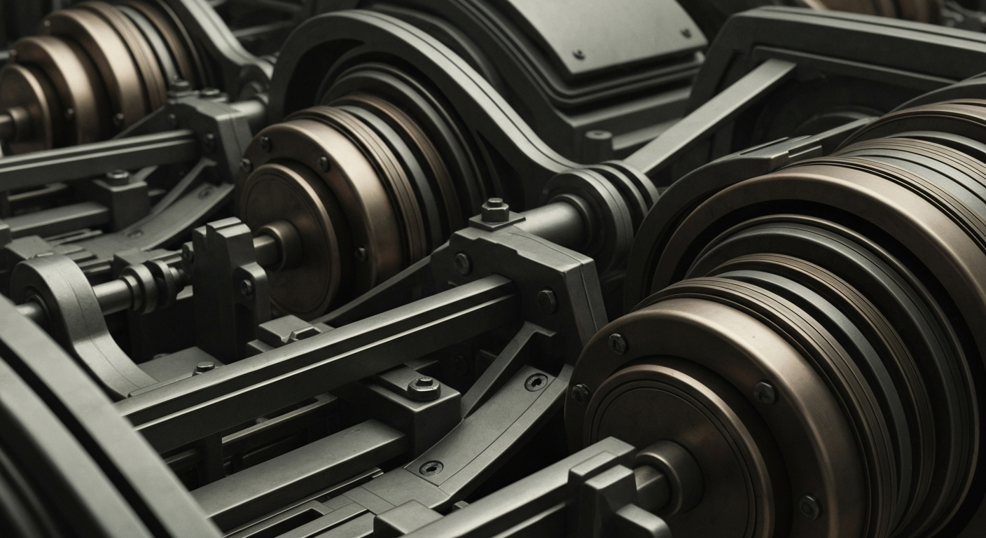 An extreme close-up of complex, interlocking financial machinery and equipment in muted industrial tones, conveying a sense of institutional power and economic security.