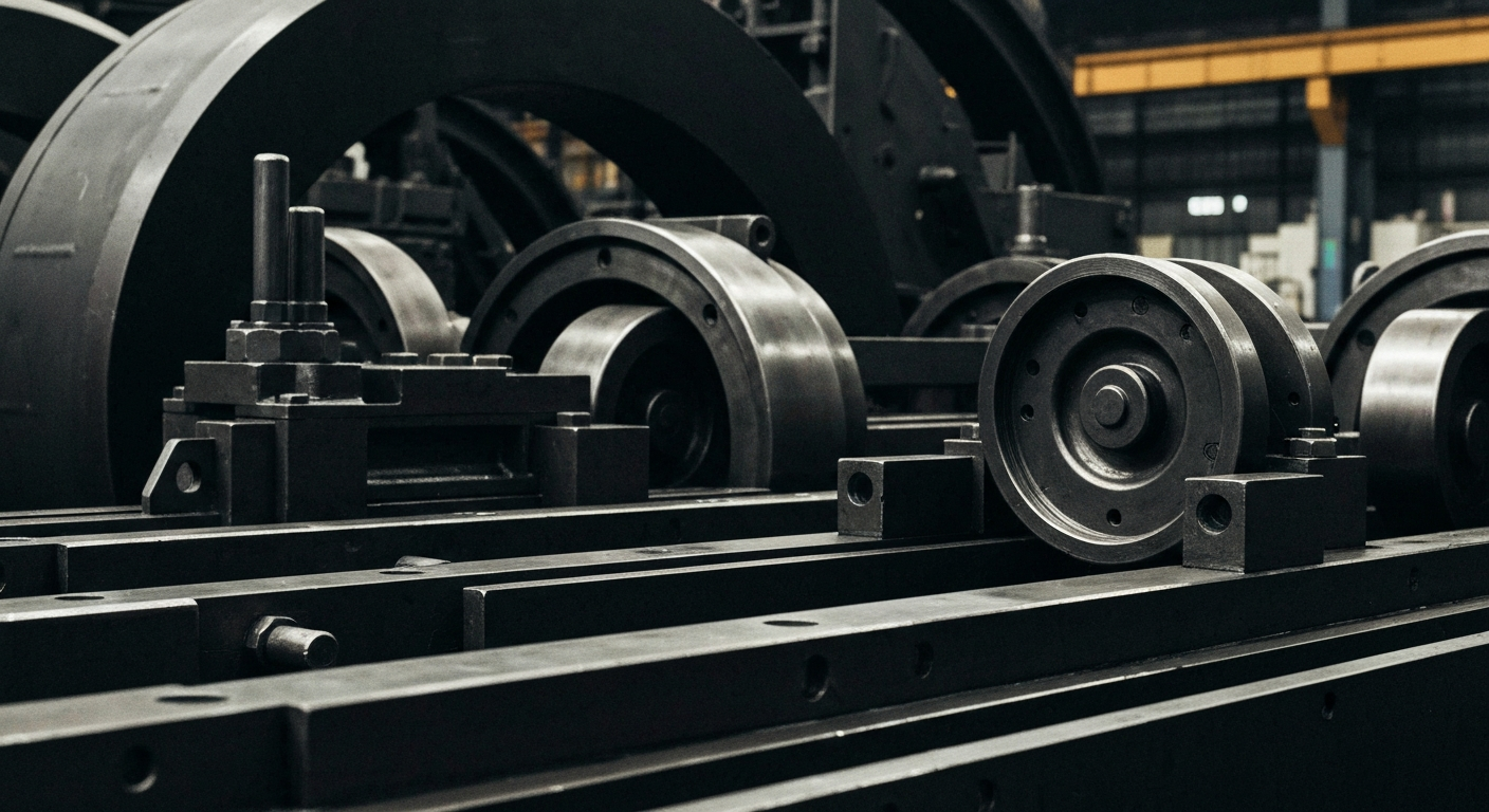 A close-up, cinematic view of heavy industrial machinery and equipment used in metal manufacturing, conveying the physical, tangible nature of Worthington Enterprises' business.