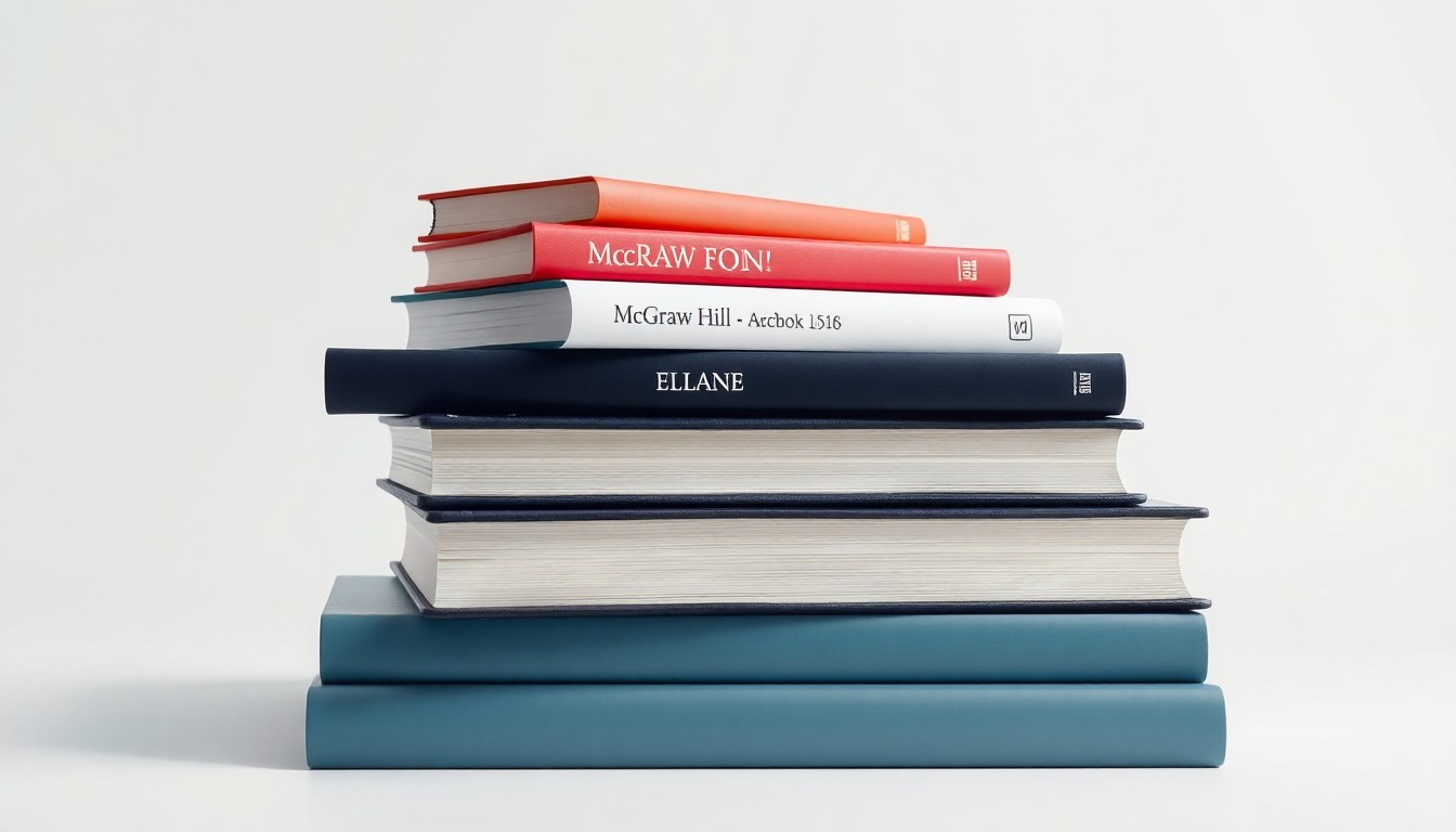 A high-end studio photograph featuring a stack of McGraw Hill textbooks and learning materials arranged elegantly on a clean, white background, conceptually representing the company's focus on premium educational content and digital solutions.
