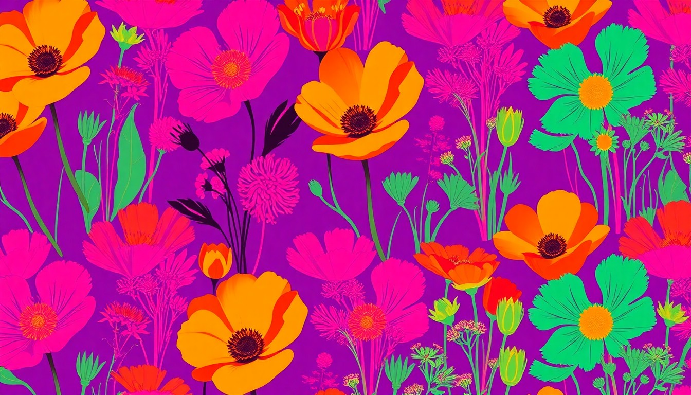 A high-contrast, silkscreen-style illustration featuring a repeating grid of a single California native plant, such as a bright orange California poppy or silvery white sage, rendered in a bold, neon color palette that captures the joyful energy of a lush, drought-tolerant garden.