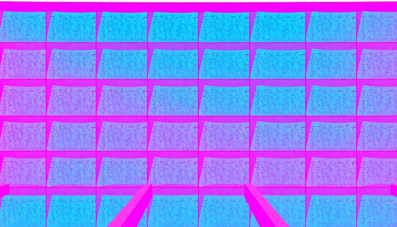 A brightly colored, high-contrast silkscreen print of a luxury swimming pool repeated in a tight grid pattern, with the pool as the iconic lifestyle object. The image utilizes a vibrant, unnatural neon color palette overlapping with heavy black photographic outlines to turn the everyday pool into modern pop art.