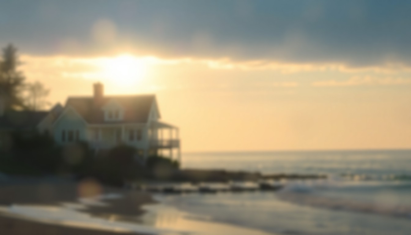 An extremely abstracted, out-of-focus photograph shot through condensation or rain-streaked glass, capturing the soft, warm glow of a sun-dappled beachfront property along the Long Island Sound.