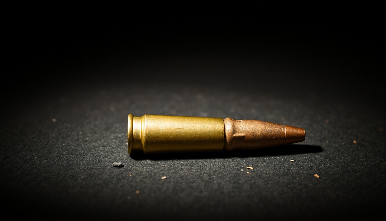 An extreme close-up photograph of a single spent shell casing on a dark, textured surface, lit by a harsh, direct camera flash, conceptually illustrating the aftermath of a school shooting incident.