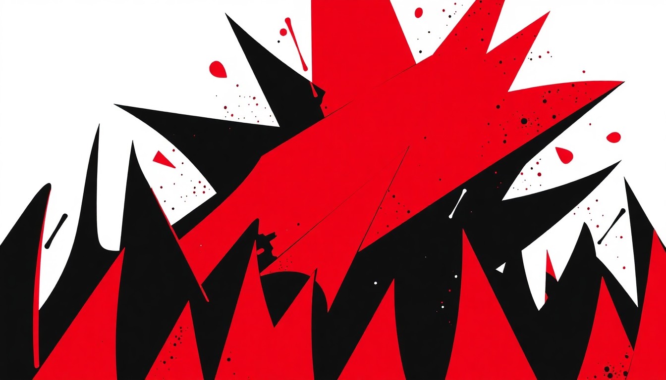 A striking abstract composition of bold, geometric black shapes and bright red accents, representing the energy and diversity of a youth performing arts event.