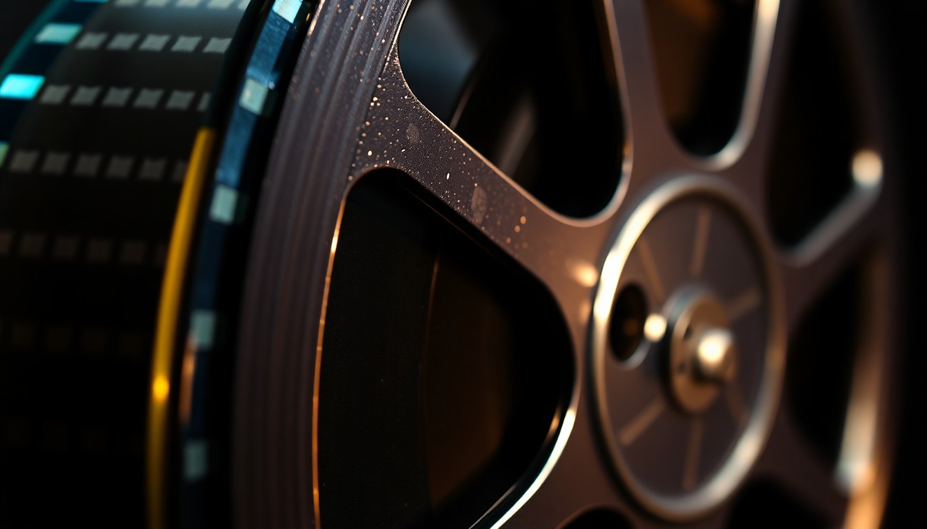 An extreme close-up photograph of highly reflective, textured movie film reel, capturing the glamour and high-production values of the growing film industry in Westchester County.