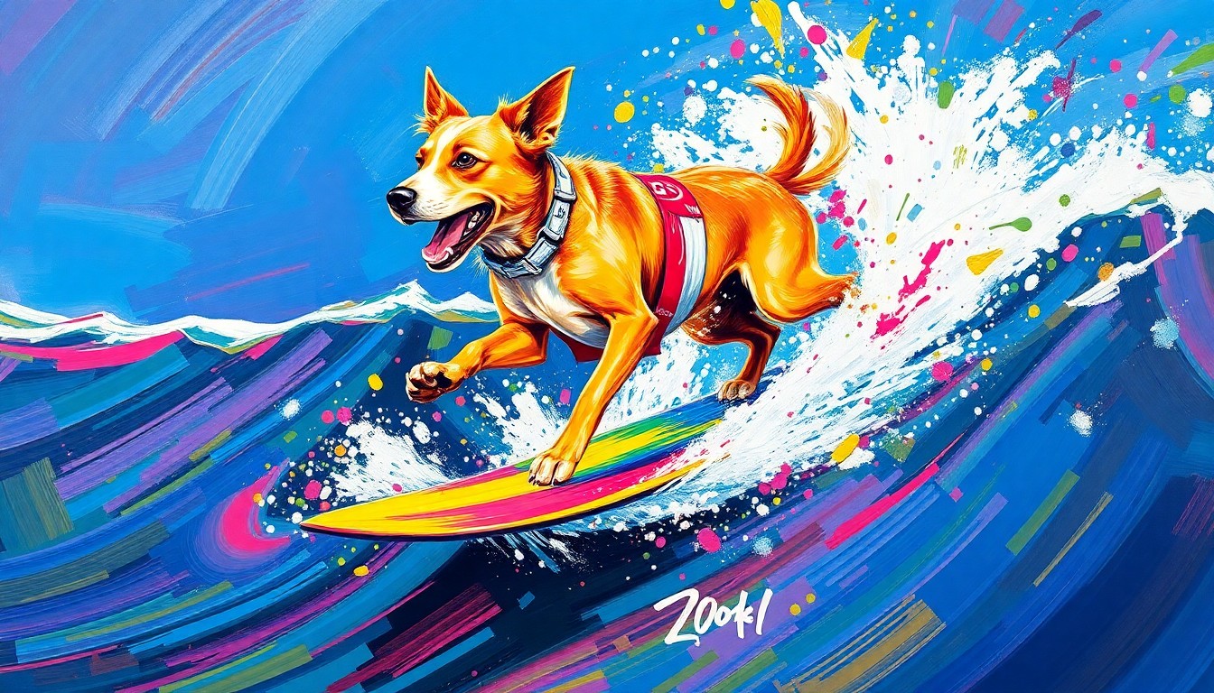 An abstract, energetic painting in neon colors depicting the dynamic motion of a surfing dog riding a wave, conveying the athletic skill and joyful spirit of the late champion Sugar The Surfing Dog.