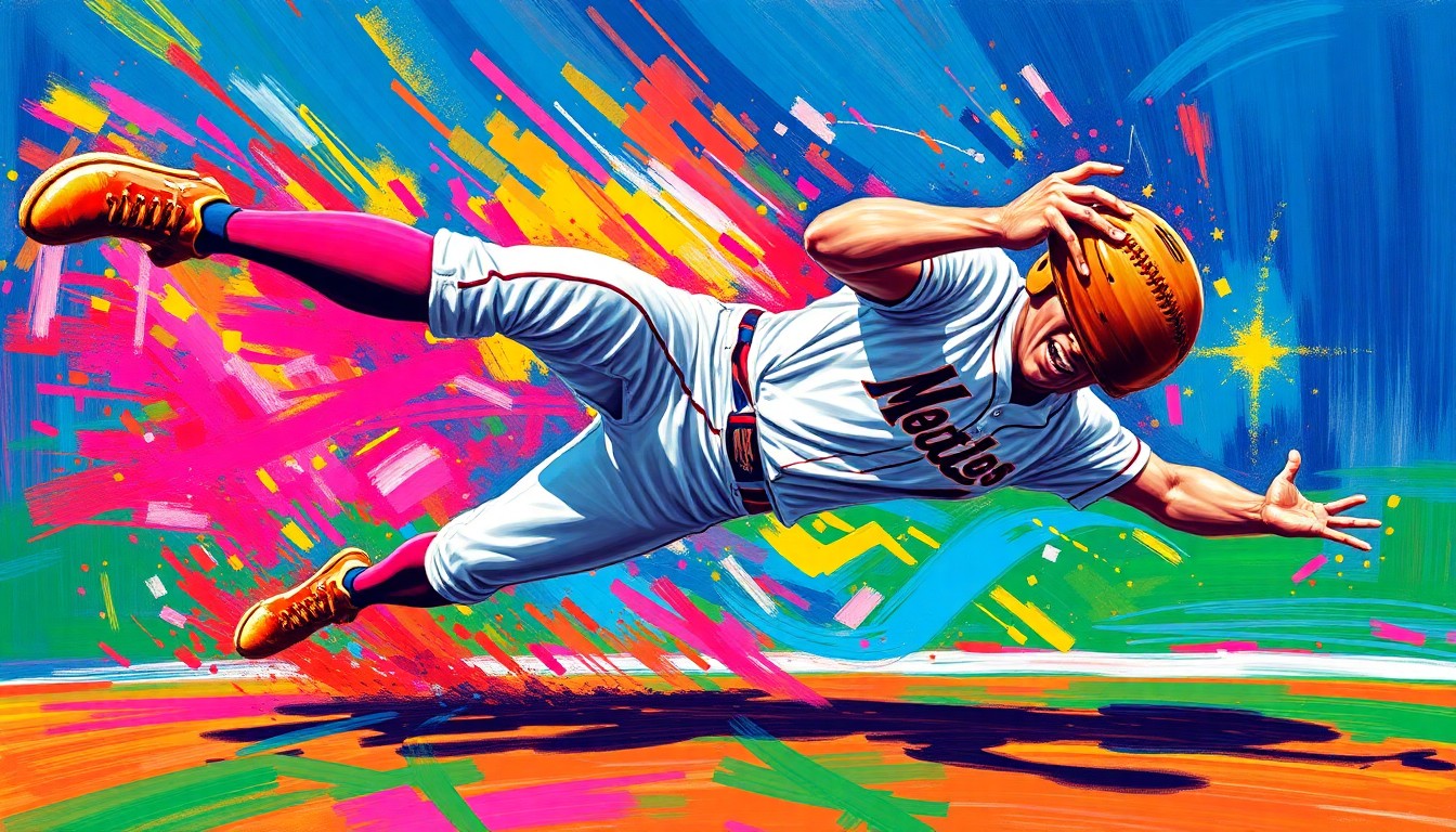 An abstract, energetic painting in neon colors depicts the dynamic motion of a baseball player making a sliding catch, conveying the excitement and athleticism of the moment.
