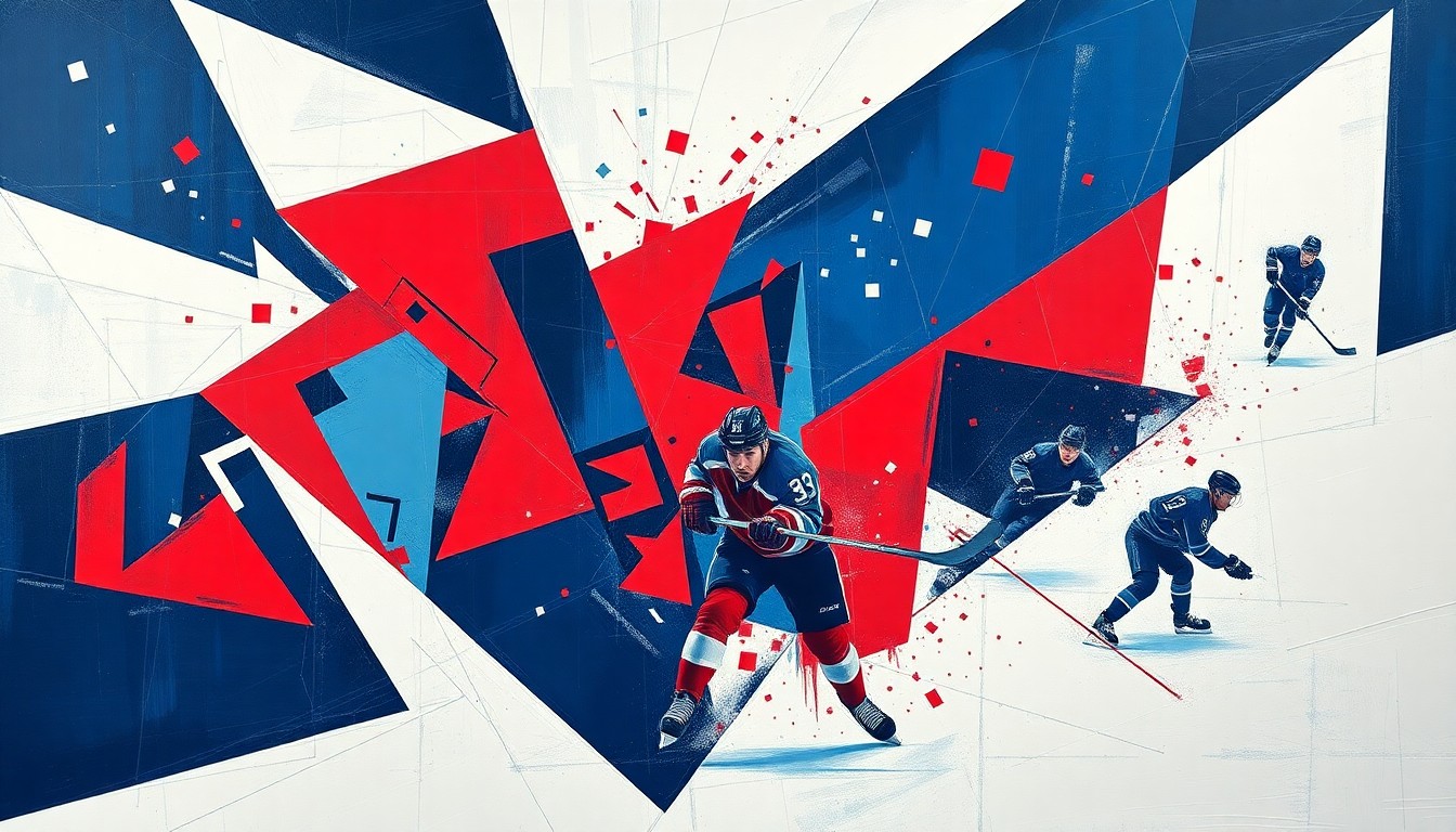 A fractured, multi-perspective painting depicting the fast-paced action of a hockey game, with players and the puck broken down into sharp, overlapping geometric shapes in a palette of navy, crimson, and white.