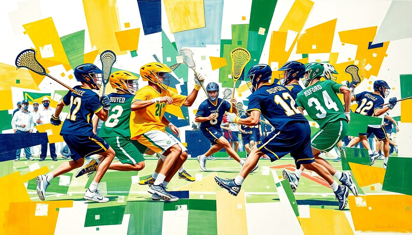 A cubist, geometric painting depicting a boys lacrosse game, with the players and field broken down into overlapping planes of vibrant blue, gold, green, and white shapes, conveying the dynamic action and competition of the championship match.