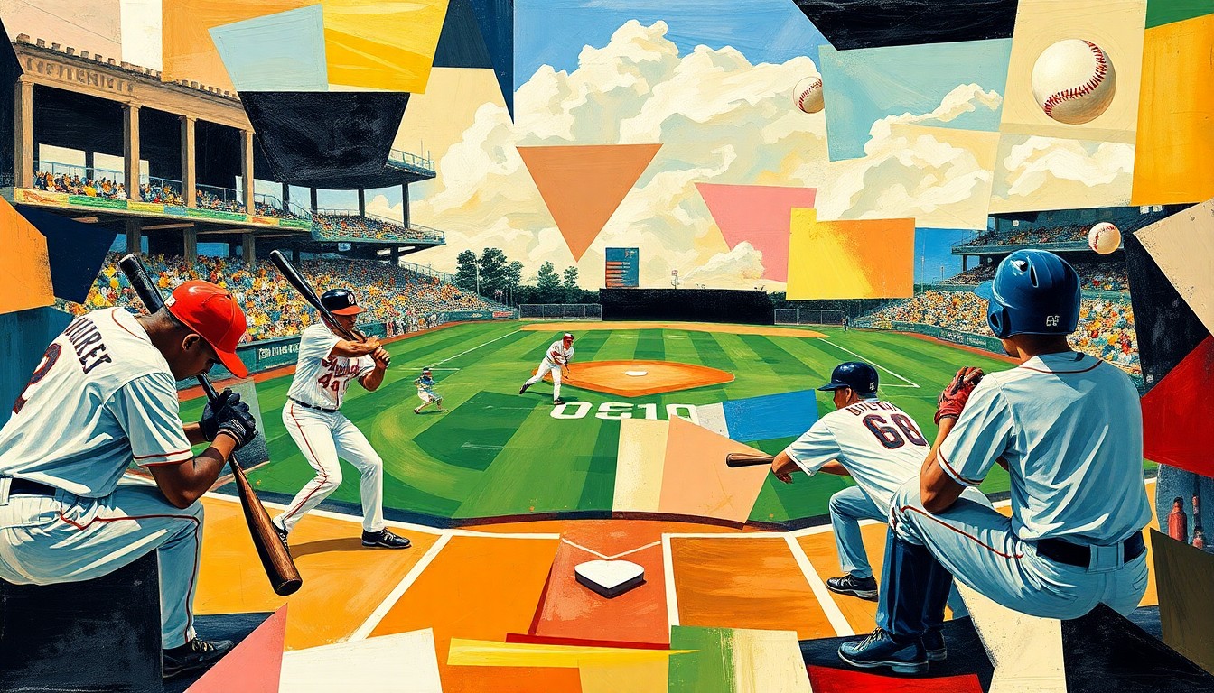 A fragmented, geometric painting depicting the dynamic motion and competition of a high school baseball game, with players, bats, and baseballs rendered in an abstract, cubist style.