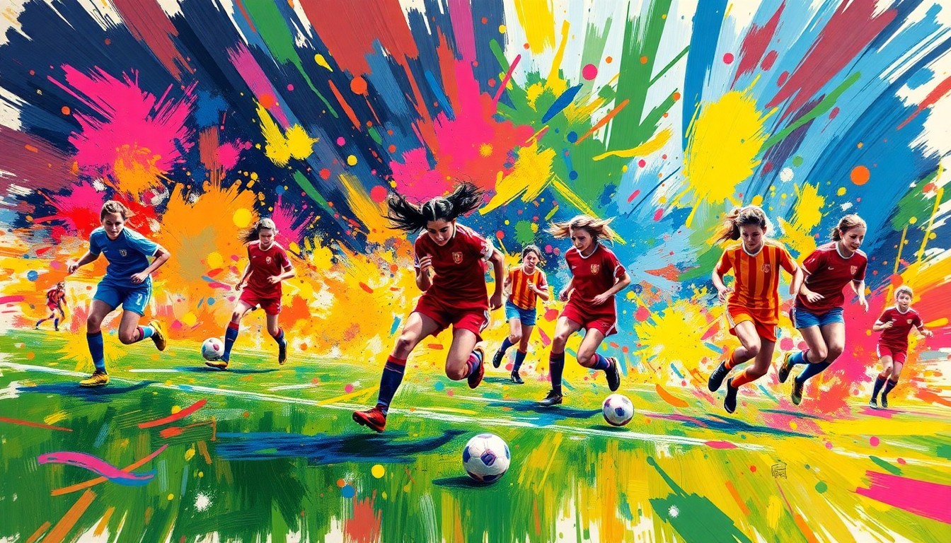 An abstract, expressionist painting in neon colors capturing the dynamic movement and energy of a girls high school soccer match, with players' forms dissolving into vibrant brushstrokes.