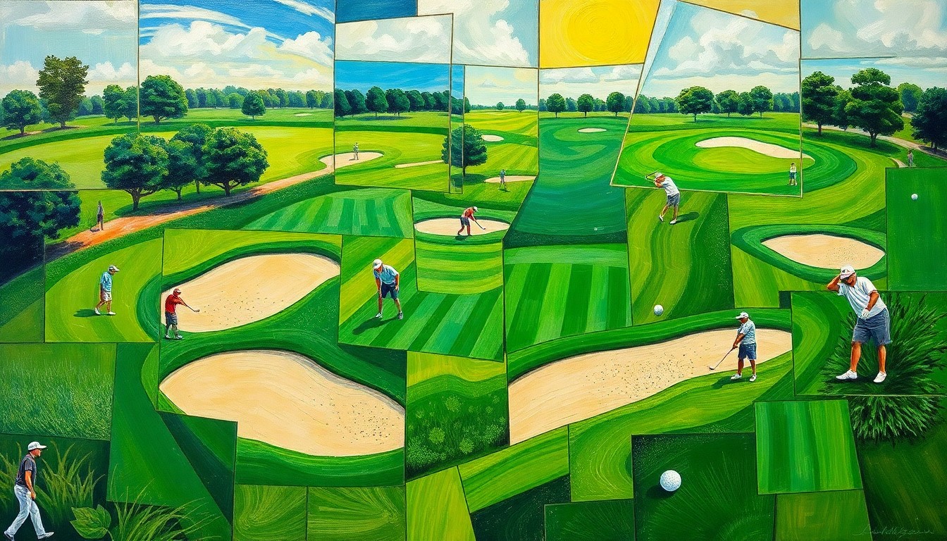 A fragmented, geometric painting depicting the various elements of a golf tournament - fairways, sand traps, and golfers in motion - broken down into overlapping planes of color and form.
