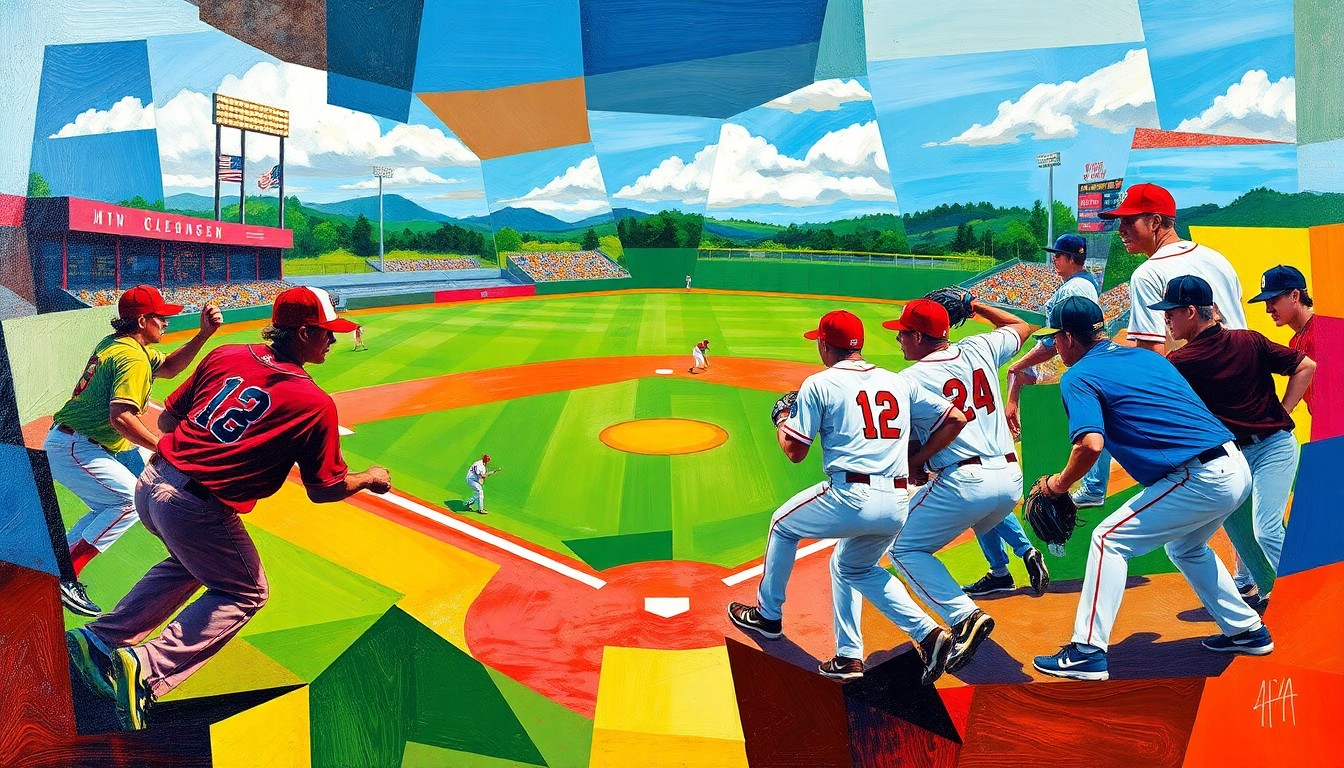 A cubist, geometric painting depicting the key moments of a baseball game, with overlapping planes of color representing the players, field, and action on the diamond.