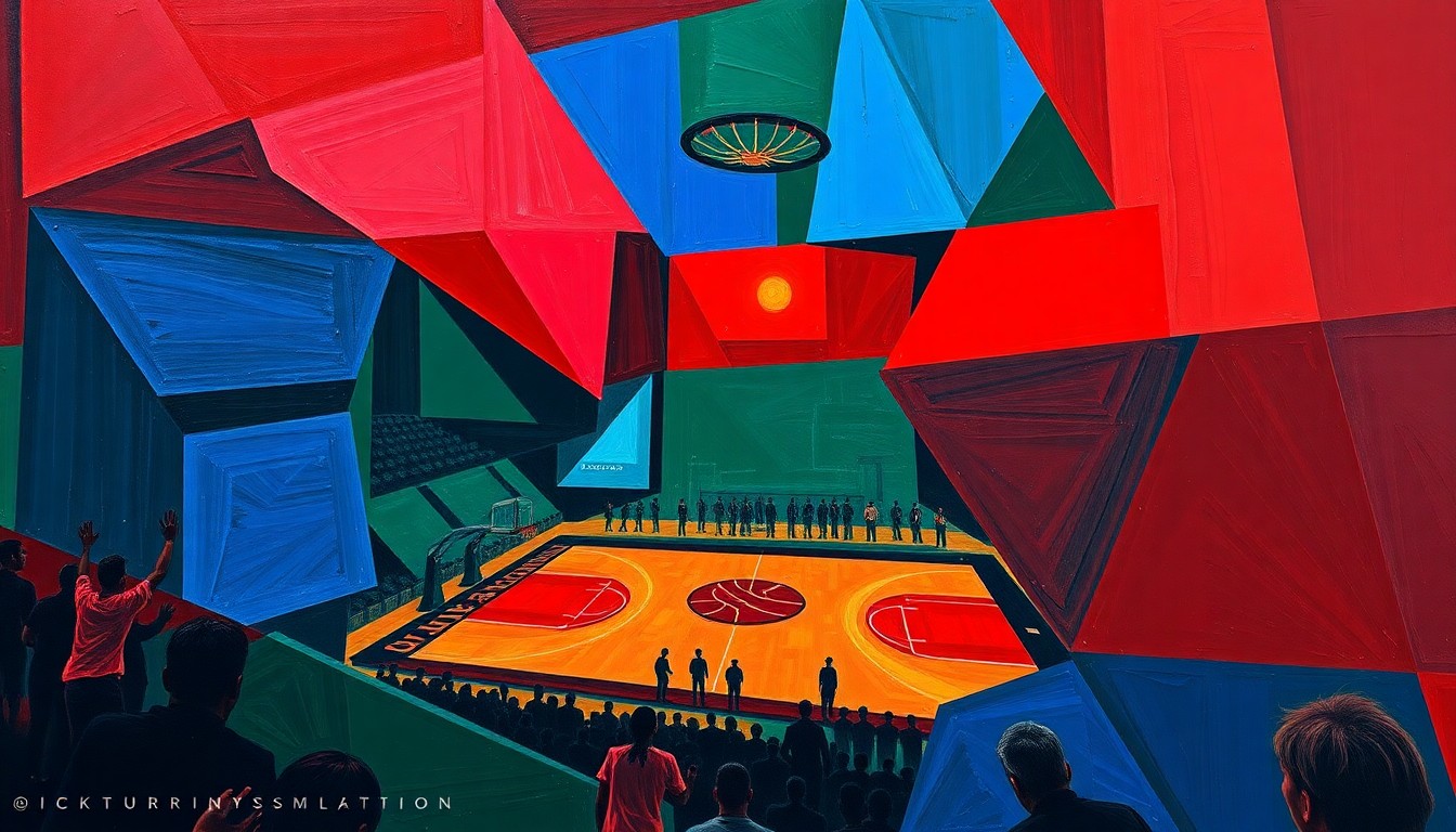 A cubist, geometric painting depicting the chaotic action of a college basketball game, with sharp planes of red, blue, and green intersecting to create a dynamic, fragmented visual representation of the sport.