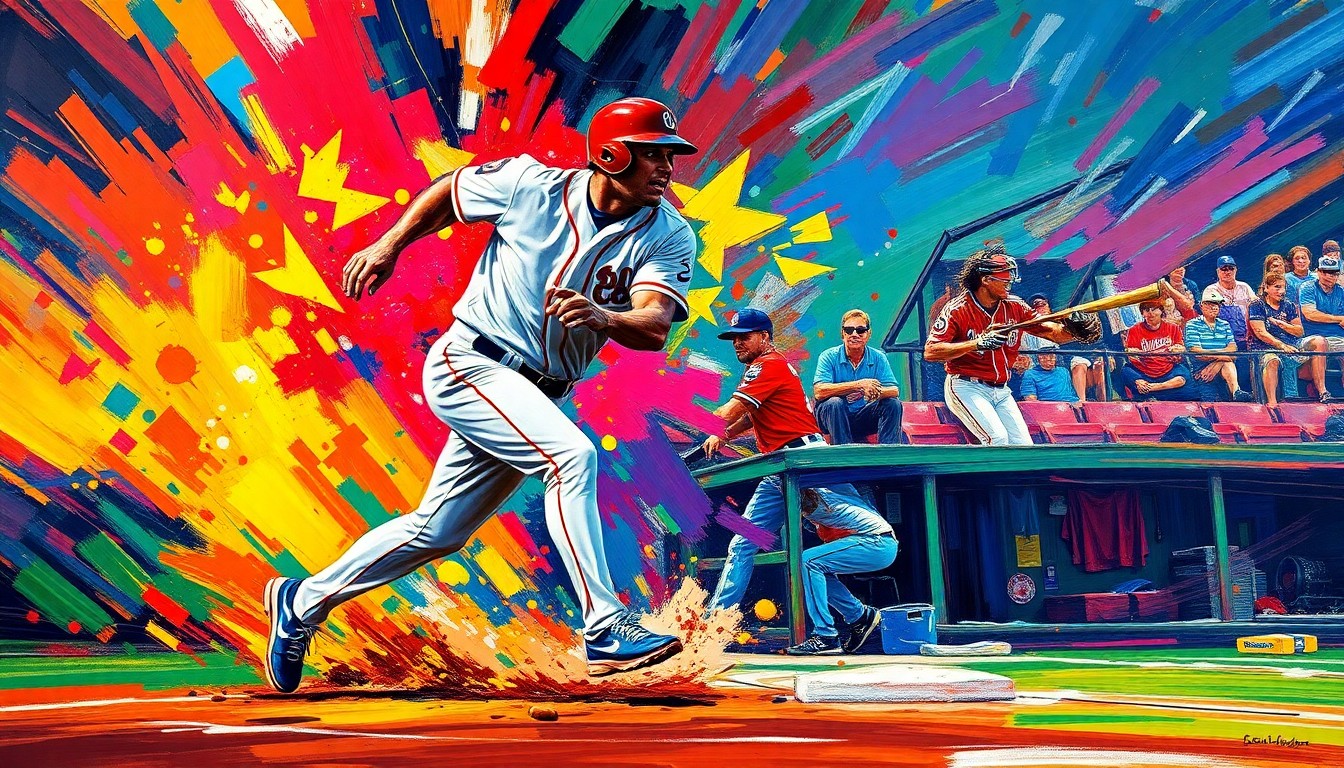 An abstract, energetic painting with bold brushstrokes and neon colors, capturing the dynamic motion and intensity of a baseball player stealing home and scoring from second base.