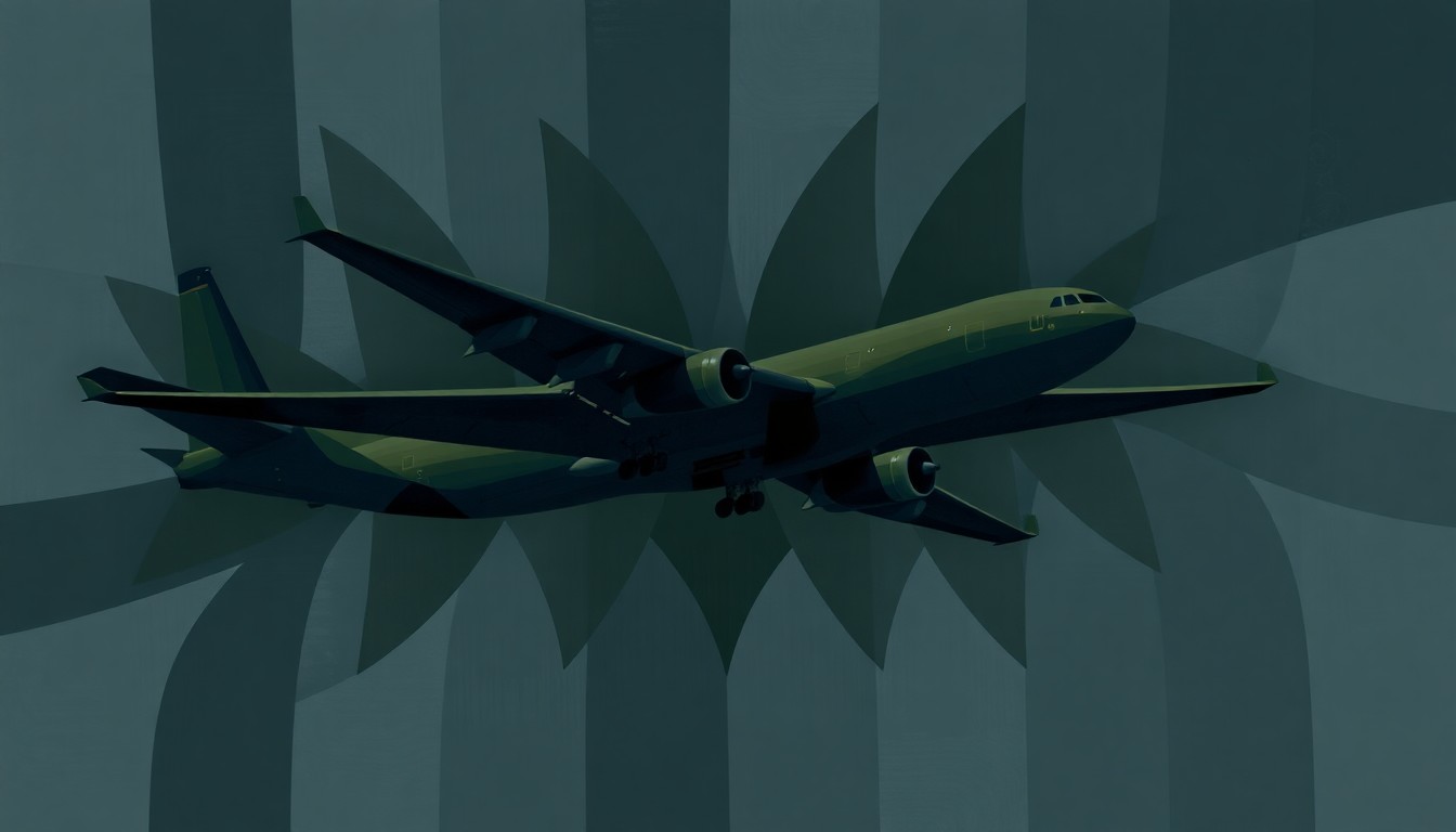 A dynamic, abstract painting depicting the fractured, overlapping silhouettes of a military transport plane in flight, conveying a sense of urgency and military mobilization.