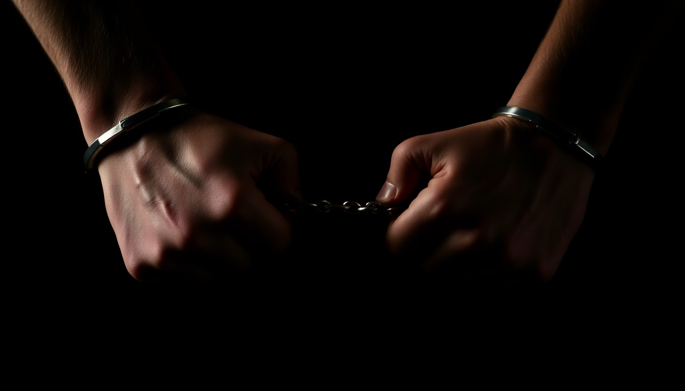 An extreme close-up photograph of handcuffed wrists against a dark background, conveying the tense and abrupt nature of the arrest.
