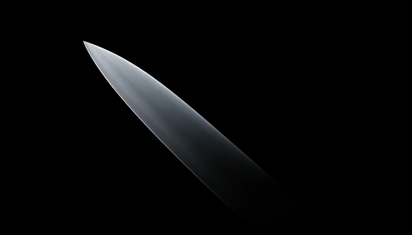 An extreme close-up of a knife blade reflecting a bright, harsh light, conceptually illustrating the violent nature of the crime being investigated.
