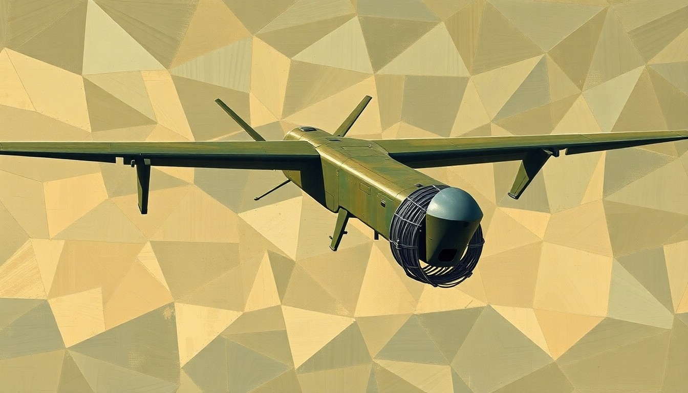 A dynamic, abstract painting of a military drone in flight, its form repeated in overlapping geometric waves of olive drab, steel gray, and desert tan, conceptually representing the use of autonomous systems for border fortification.