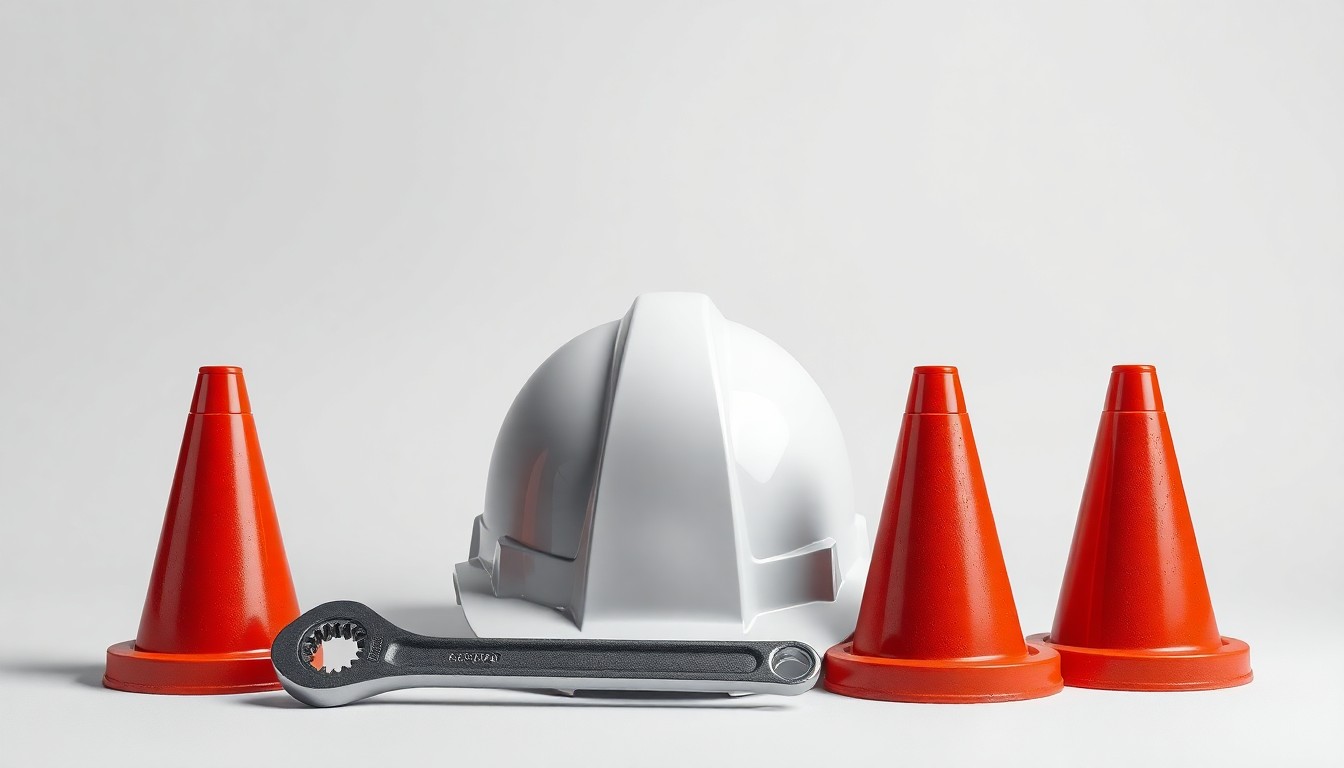 A high-end, photorealistic studio still-life photograph featuring a polished metal wrench, a hardhat, and a set of road construction cones arranged elegantly on a clean, monochromatic background, conceptually representing the essential equipment for public infrastructure maintenance.