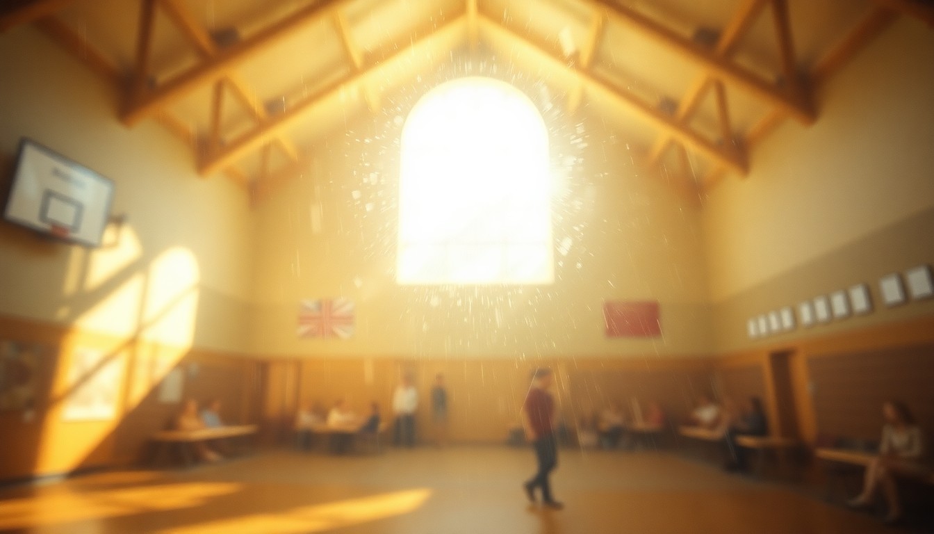 An extremely blurred, impressionistic photograph of a sunlit school gymnasium, with soft, warm pools of light and color creating a sense of nostalgia and community.