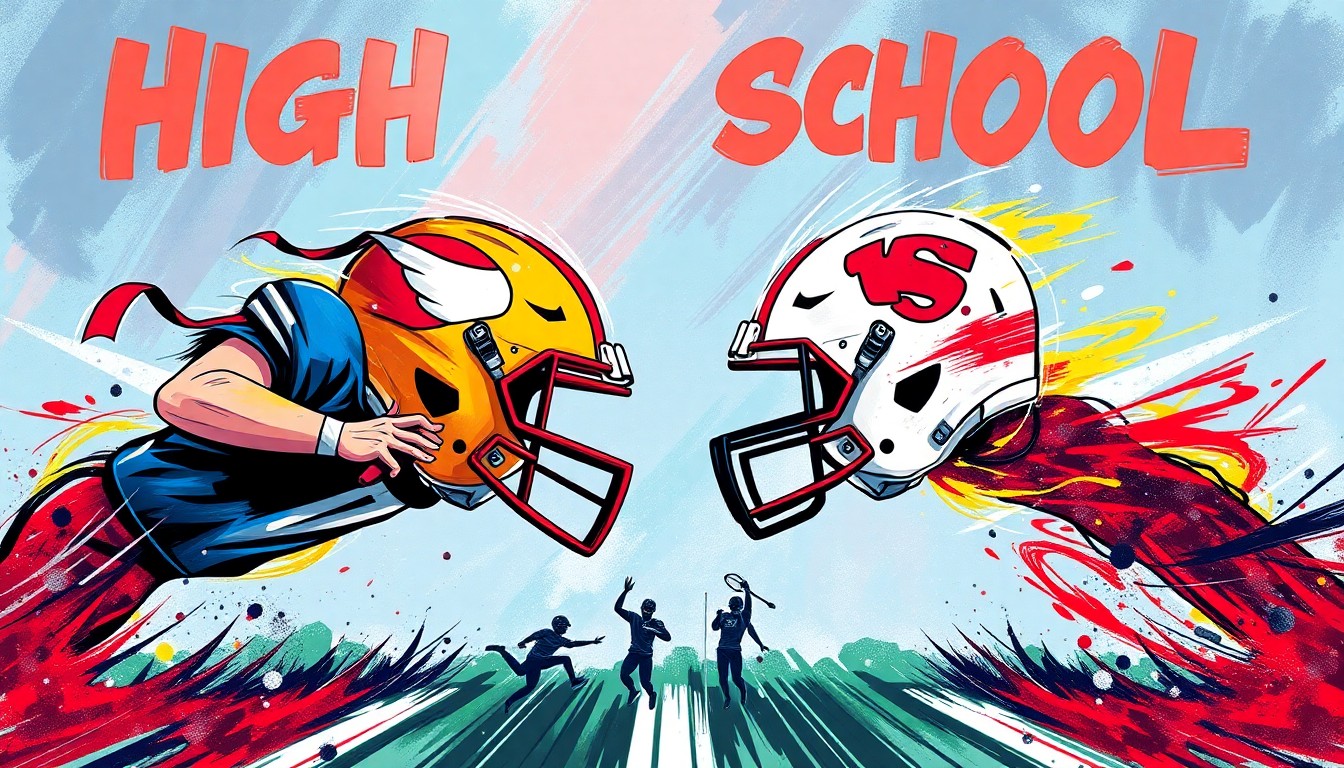 A vibrant, energetic painting featuring bold, sweeping brushstrokes in a variety of colors, capturing the intensity and competitive spirit of a high school football matchup.