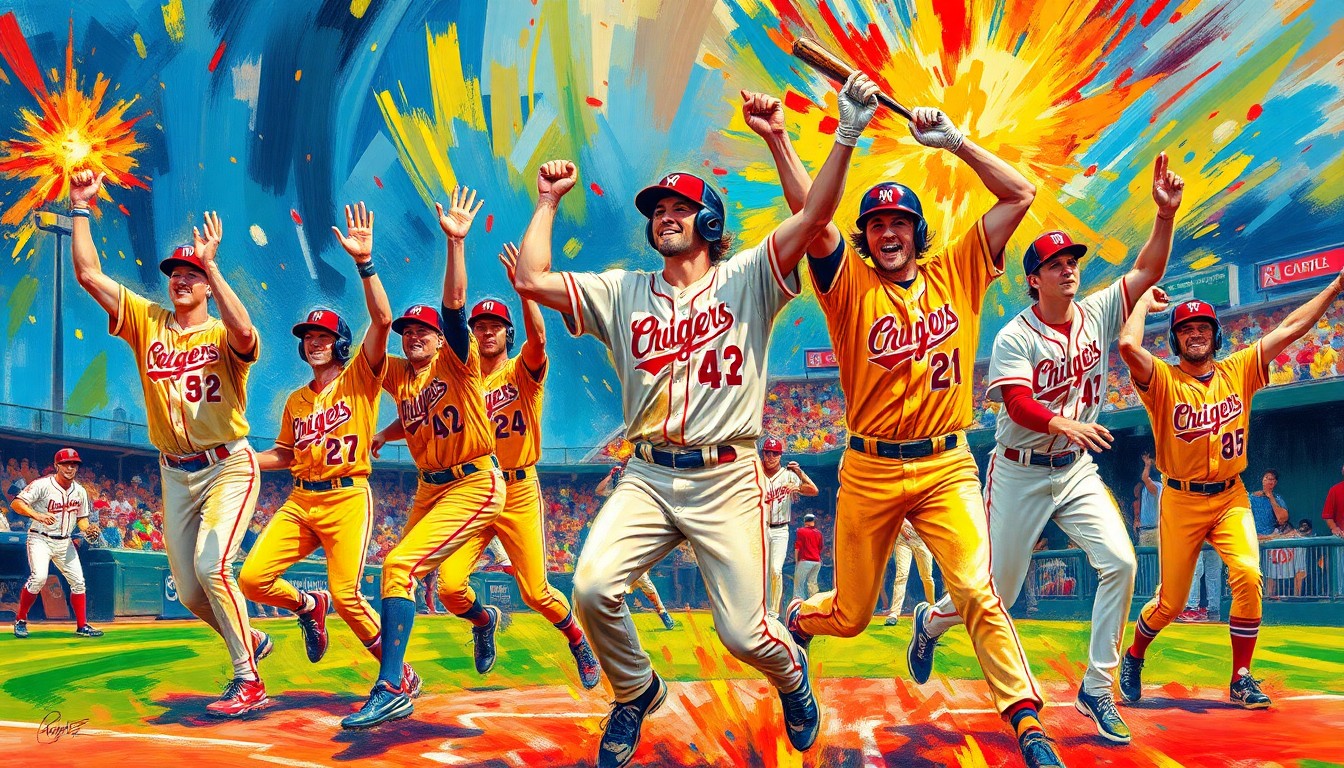 A vibrant, textured painting in neon colors depicting the dynamic movements and energy of a high school baseball team celebrating their victory.