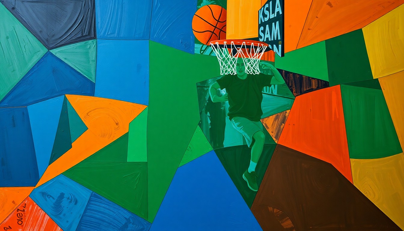A cubist-style painting featuring sharp, overlapping geometric shapes in navy, green, and orange, conceptually representing the complex and fragmented debate around religious beliefs and LGBTQ+ inclusion in professional sports.