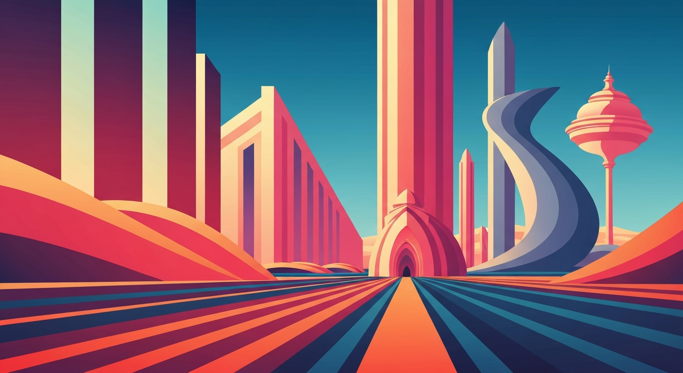 A highly stylized, geometric illustration in the Art Deco style, featuring sweeping gradients and streamlined architectural forms, conceptually representing the new Royal Caribbean Group credit cards and their focus on simplifying and elevating the travel loyalty experience.