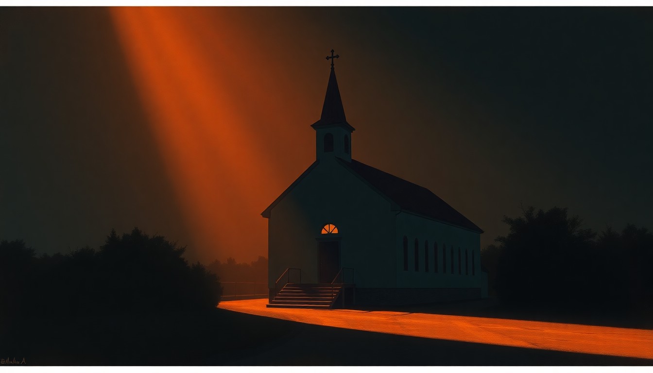 A warm, cinematic painting depicting the exterior of a church or religious building, with the structure bathed in soft, diagonal sunlight and deep shadows, conveying a sense of quiet contemplation and activism.