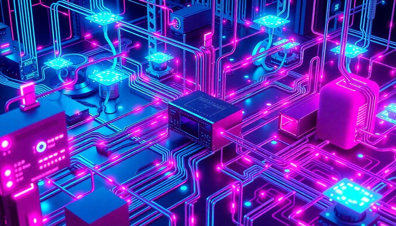 A highly detailed, glowing 3D illustration of a complex network of interconnected cybersecurity hardware components, representing the advanced, high-tech nature of Aptori's autonomous, runtime-driven security platform.