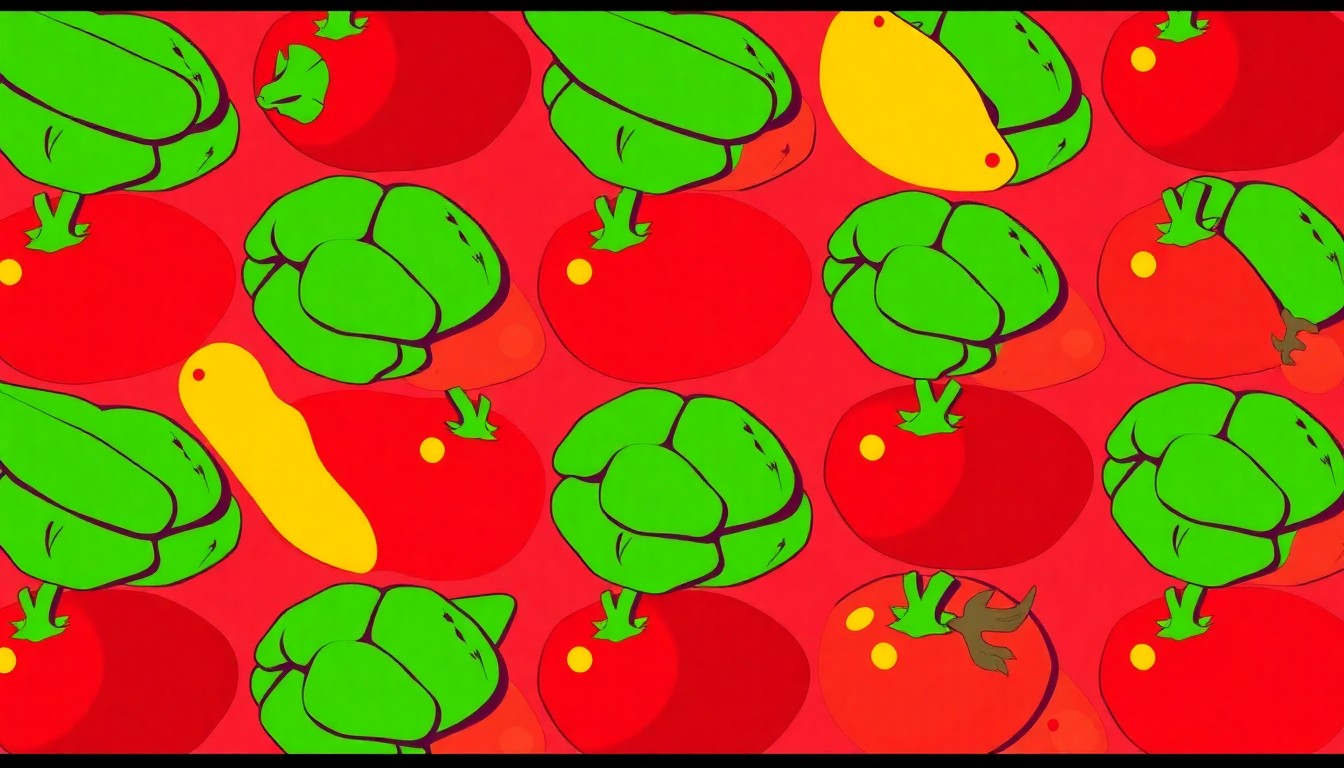 A high-contrast silkscreen print in neon colors depicting multiple images of a fresh vegetable, fruit, or baked good repeated in a grid pattern, conceptually representing the diverse array of locally-sourced food products available at the Harvick Farms community food hub.