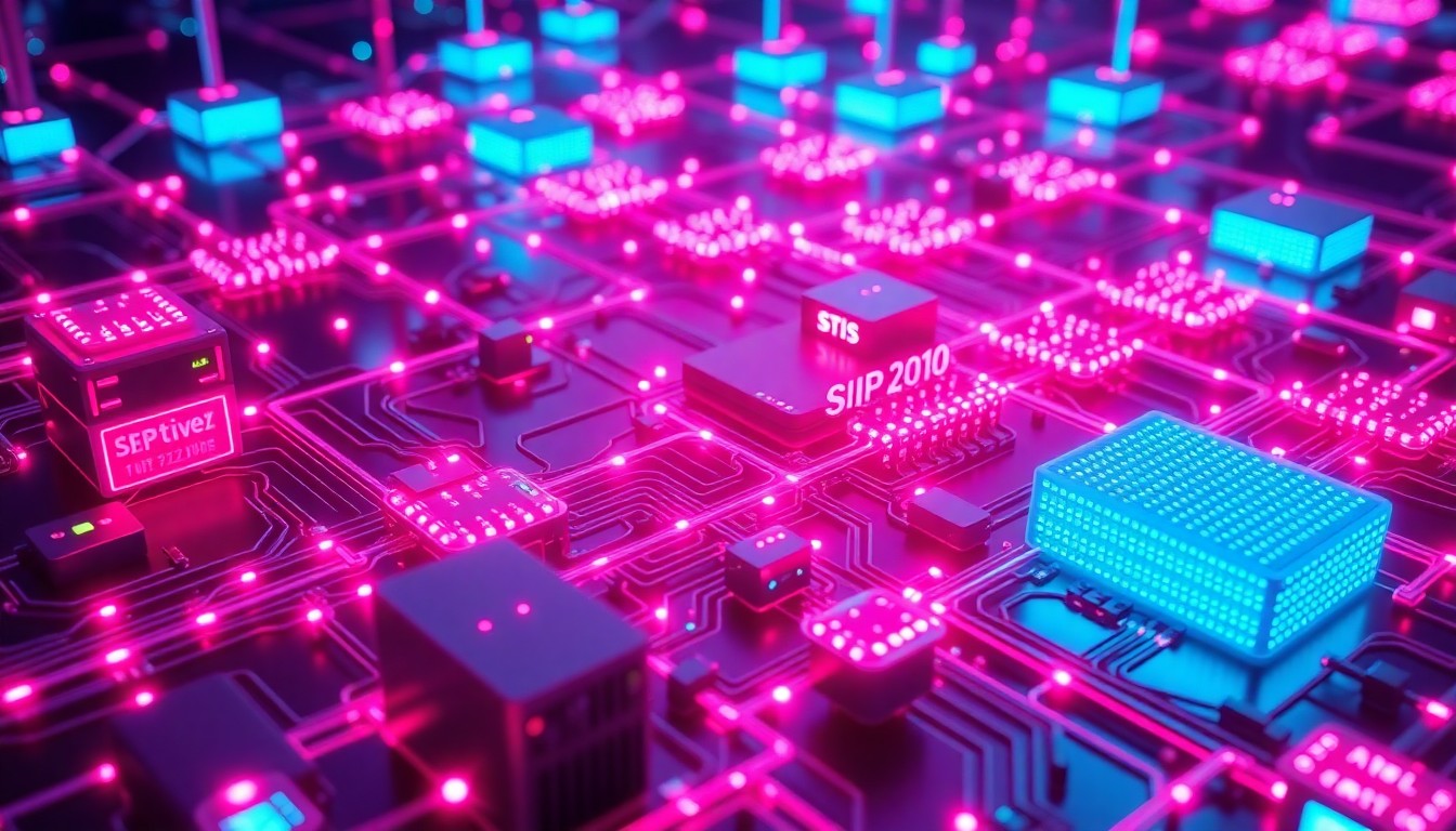 A highly detailed, glowing 3D illustration of a complex network of interconnected SIP servers, proxies, and gateways, with neon cyan and magenta lights illuminating the various components, conceptually representing the scale and complexity of modern IP and IMS communication networks.
