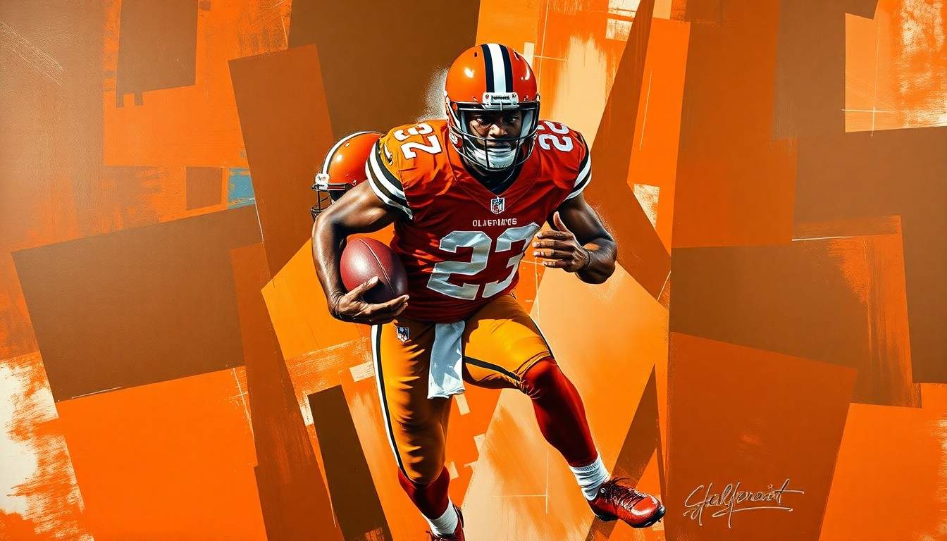 A cubist, geometric painting depicting a football player in motion, with sharp, overlapping planes in the Browns' signature colors of orange and brown, conceptually representing the fractured nature of the team's quarterback decision.