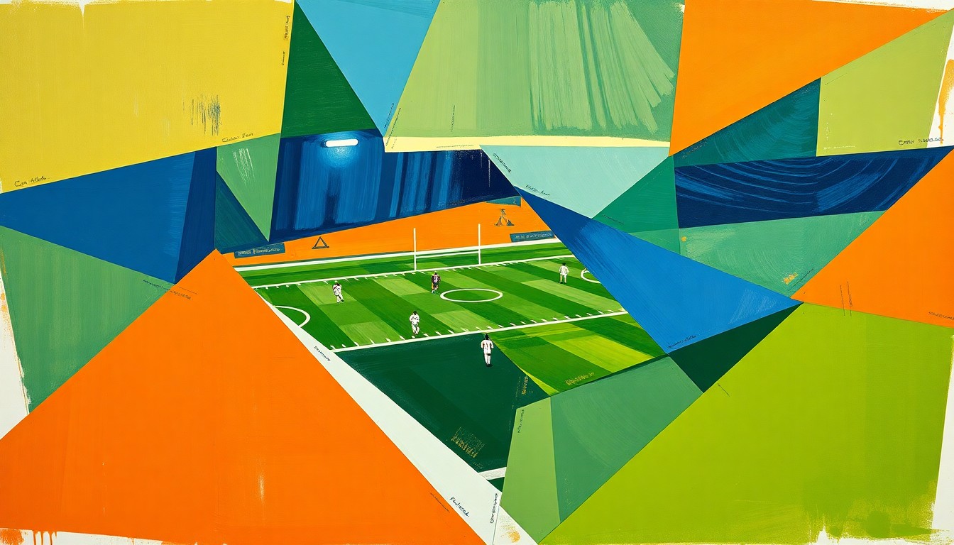 A fragmented, cubist-style painting depicting a football game or match, with sharp geometric shapes in navy, green, and orange overlapping to create a dynamic, abstract visual representation of the sport.