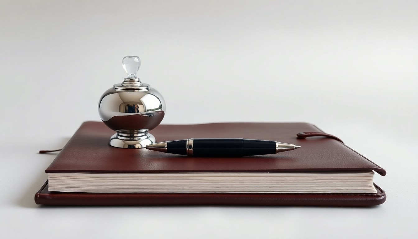 A photorealistic studio still-life featuring a polished metal paperweight, a sleek fountain pen, and a leather-bound legal notebook, conceptually representing the refined tools of the corporate legal trade.
